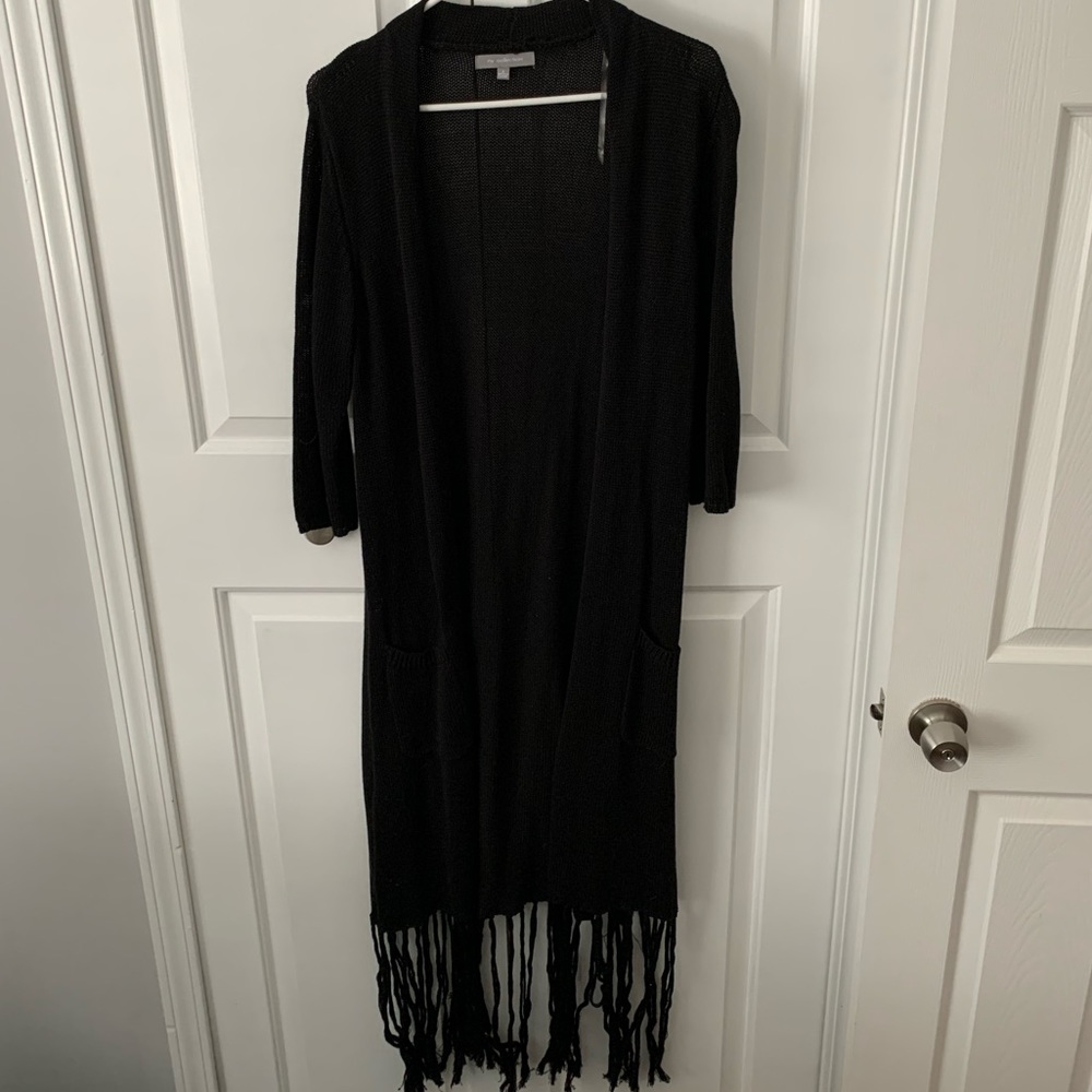 NY Collection Black Sweater with Fringe & Pockets